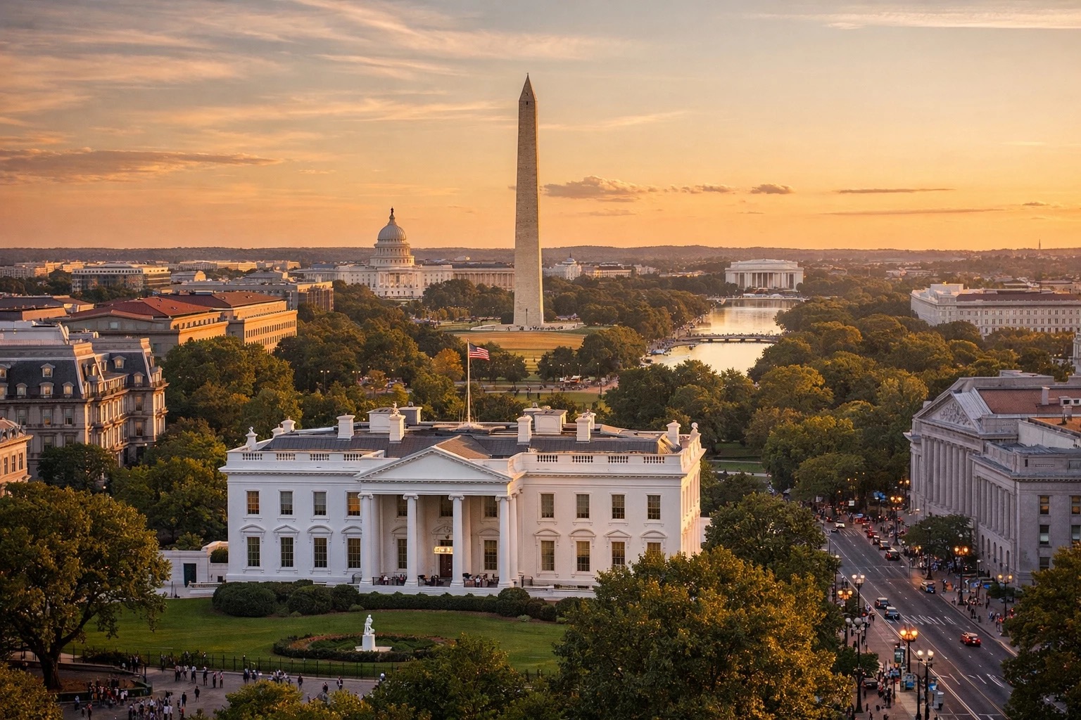 The White House, Washington Monument, U.S. Capitol, and Lincoln Memorial at sunset