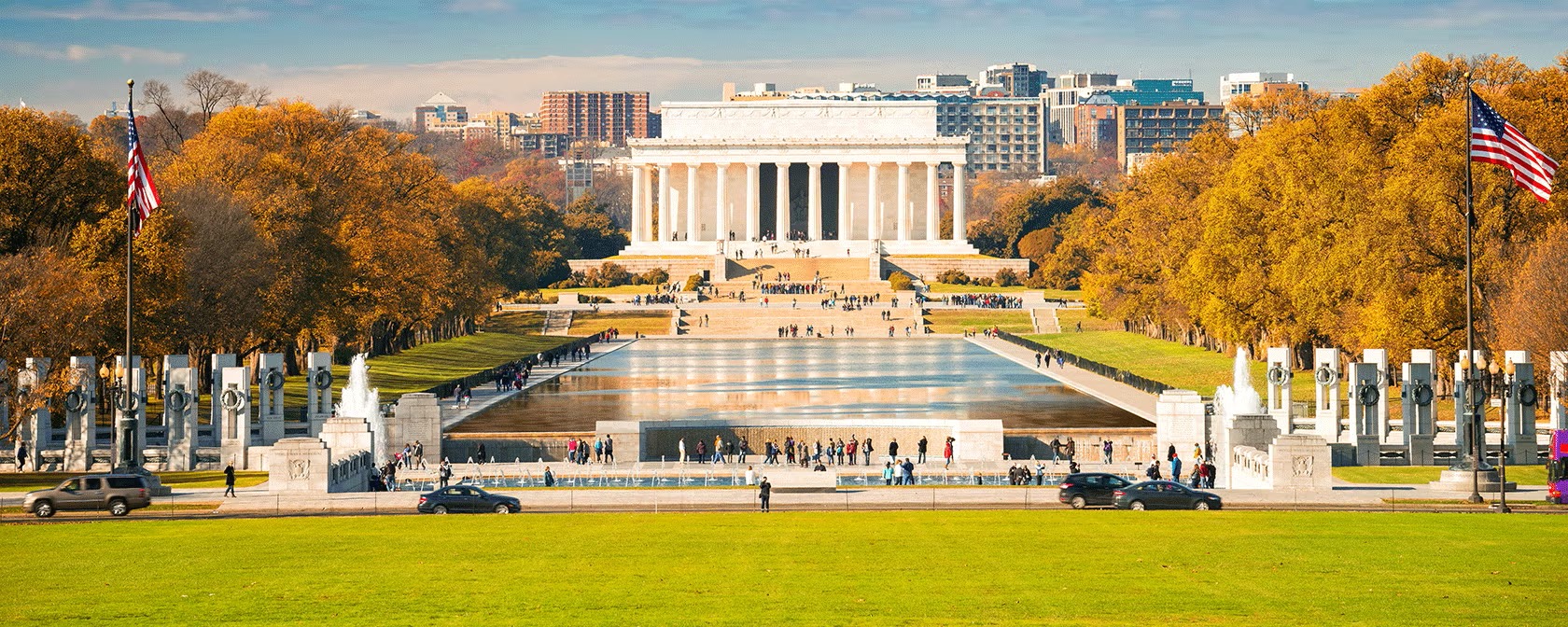 The Lincoln Memorial at the end of the Reflecting Pool on a bright autumn day